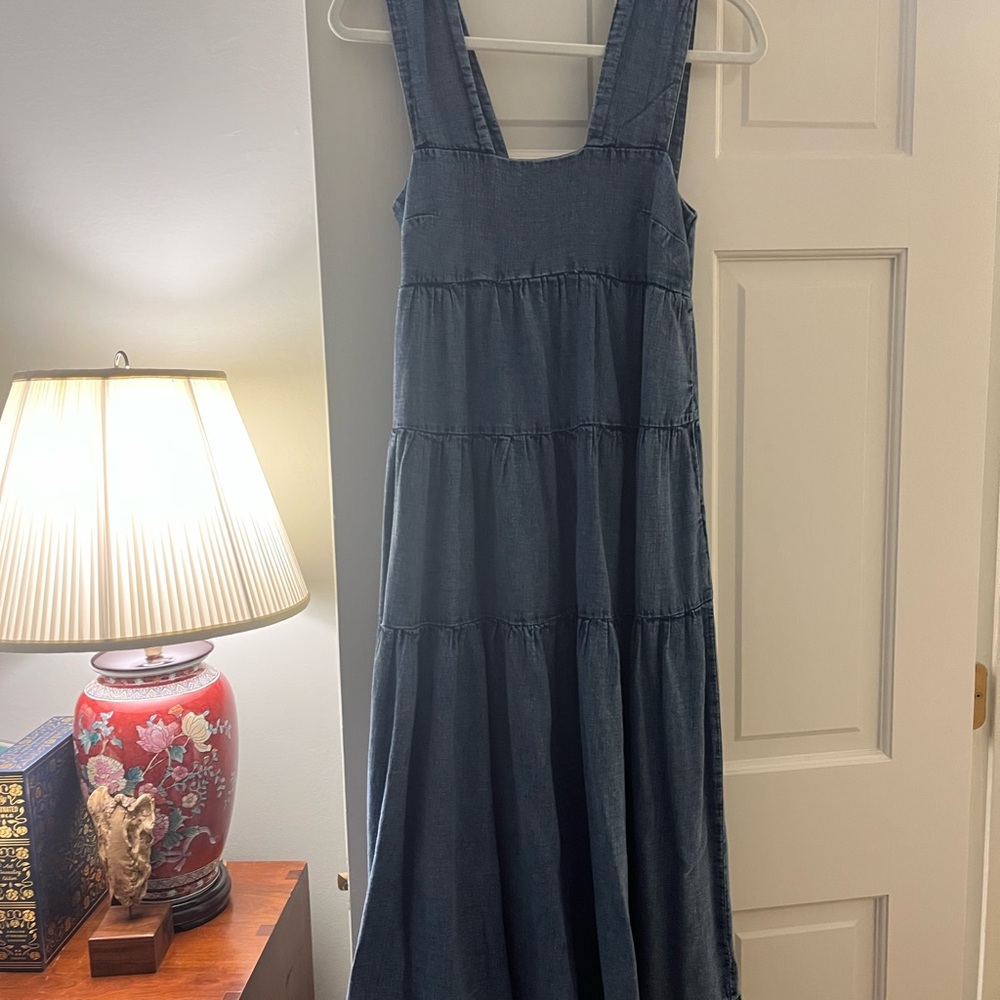 The Helena Square Neck Tiered Anthropologie Blue Denim Midi Dress - Picture 3 of 4